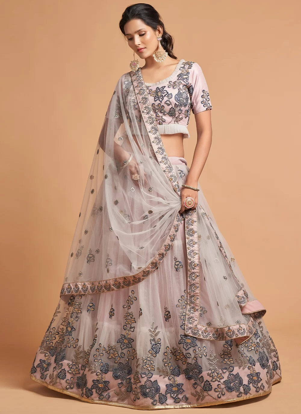 Net A Line Dori Work Lehenga Choli In Grey