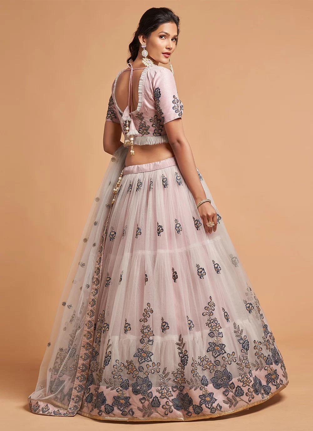 Net A Line Dori Work Lehenga Choli In Grey