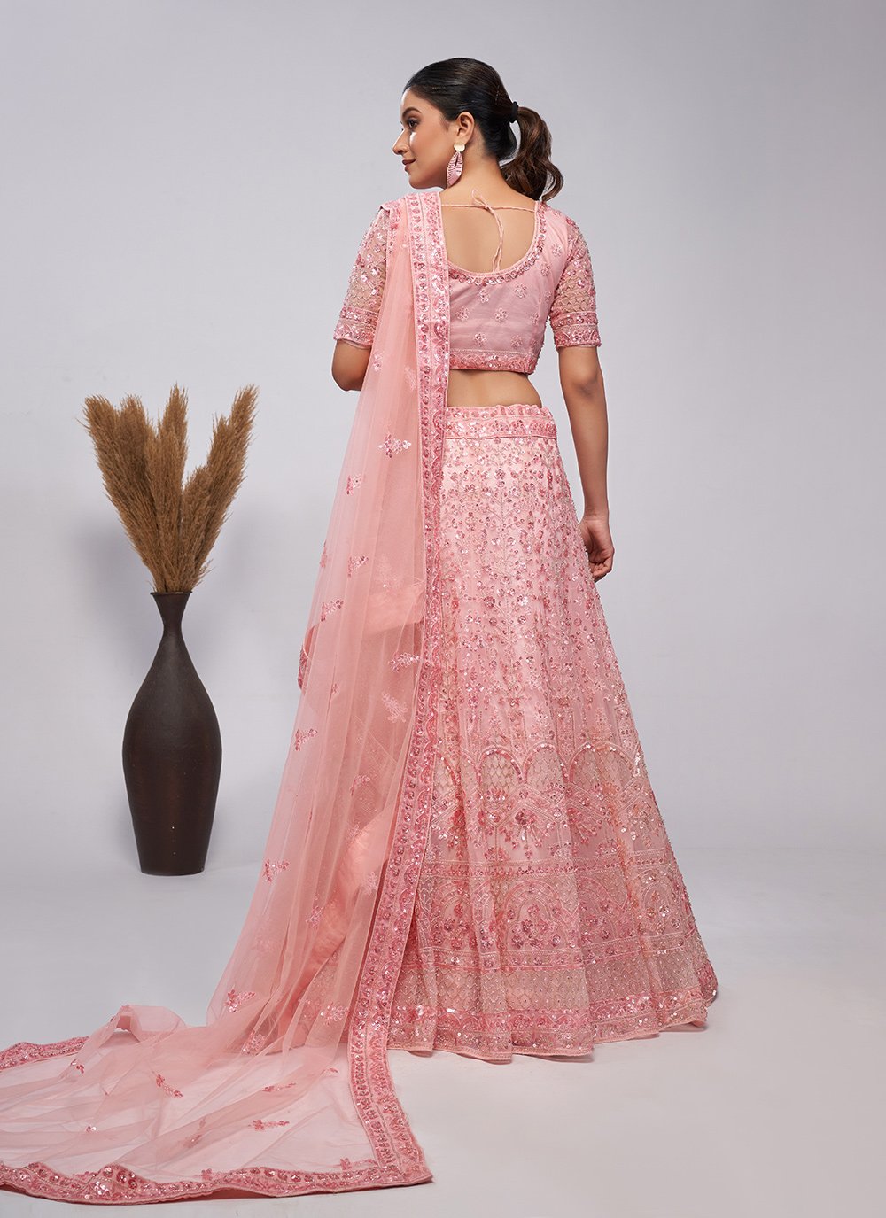 Pink Soft Net adorbale Bead and embroidery work indian ethnic lehenga