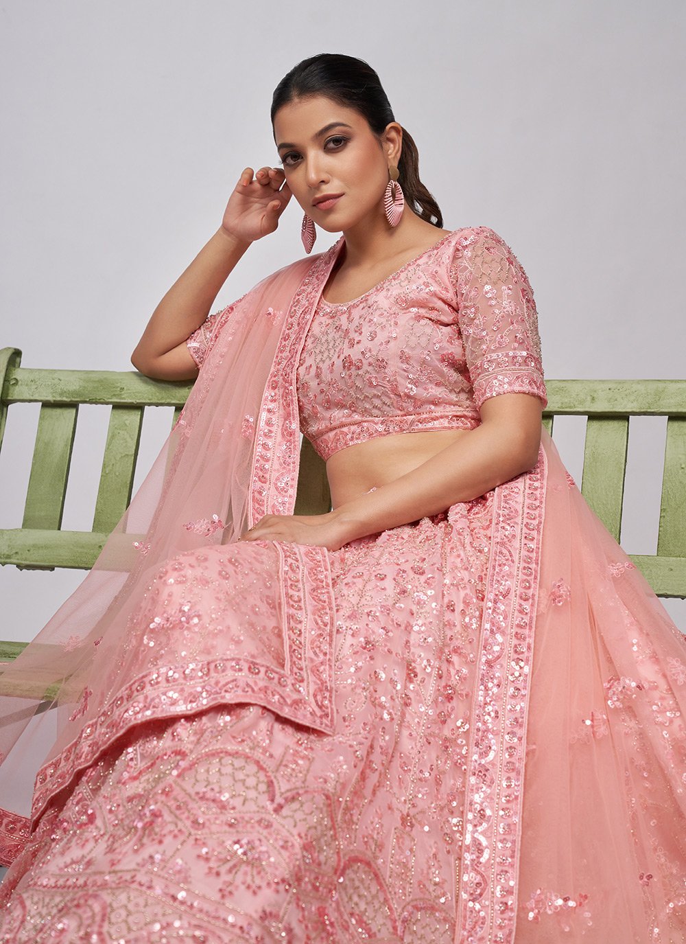 Pink Soft Net adorbale Bead and embroidery work indian ethnic lehenga