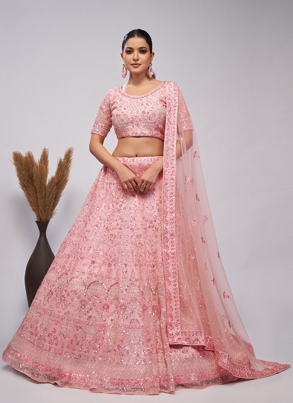 Pink Soft Net adorbale Bead and embroidery work indian ethnic lehenga