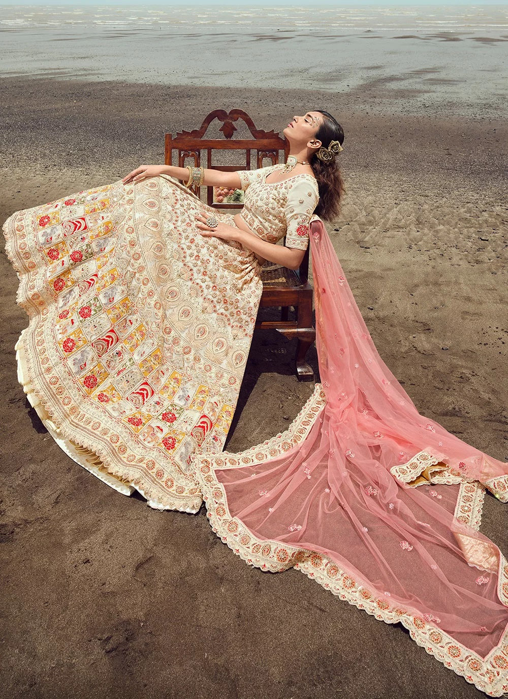 Off White Embroidered A Line Lehenga Choli