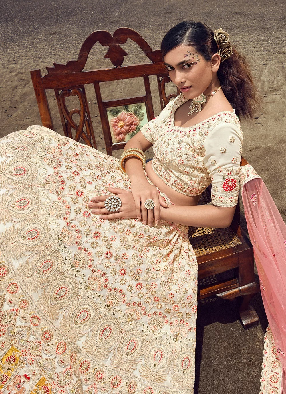 Off White Embroidered A Line Lehenga Choli