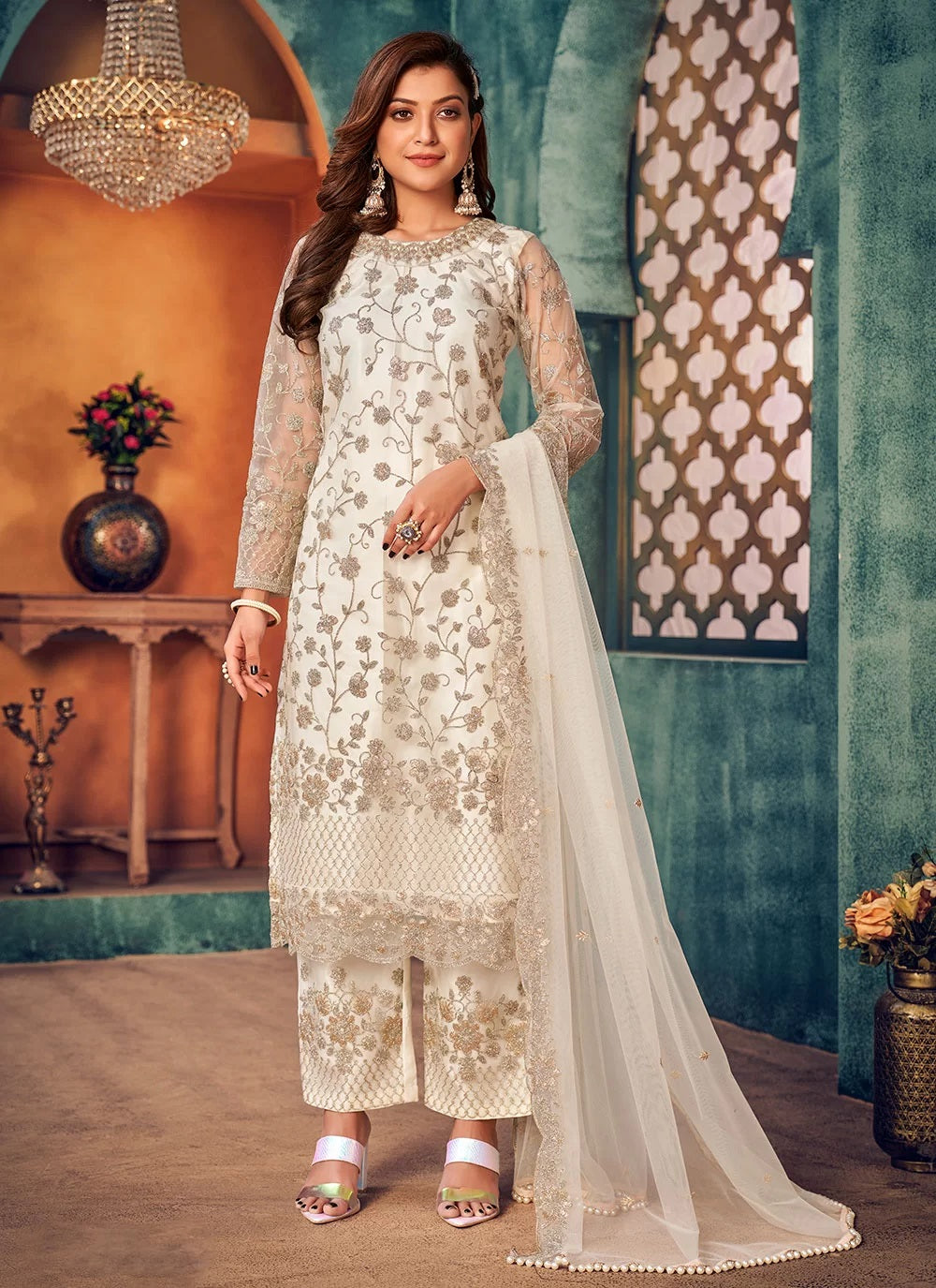 Off White Embroidered Net Layered Salwar Suit