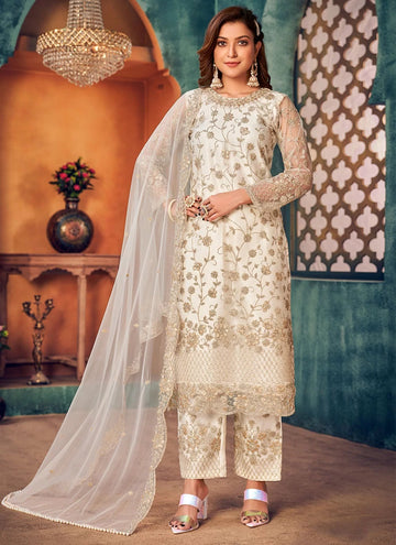 Off White Embroidered Net Layered Salwar Suit