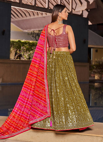 Olive Georgette Sequins and Digital Printed Indian Lehenga