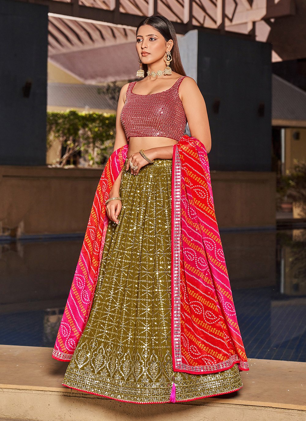 Olive Georgette Sequins and Digital Printed Indian Lehenga