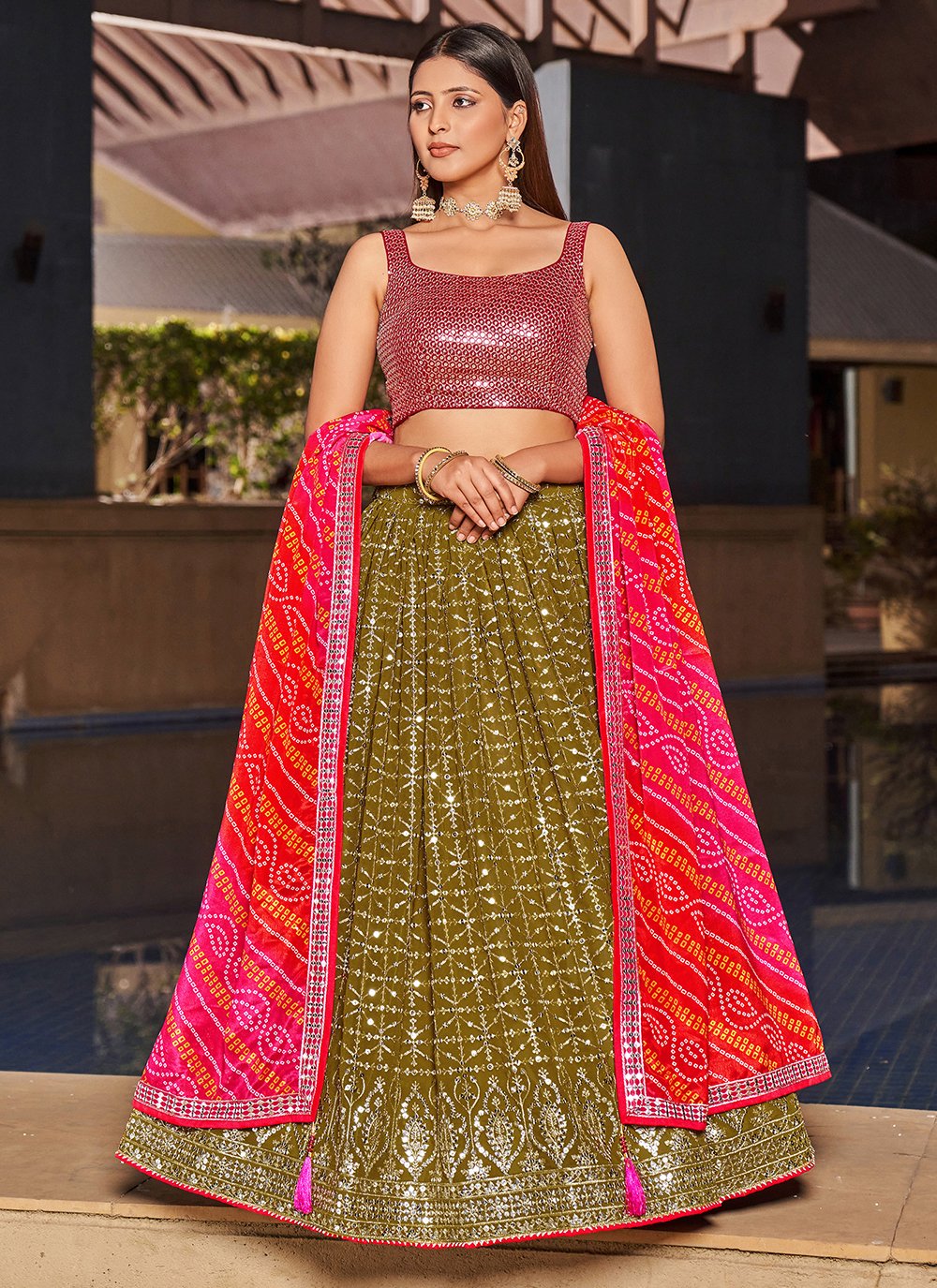 Olive Georgette Sequins and Digital Printed Indian Lehenga