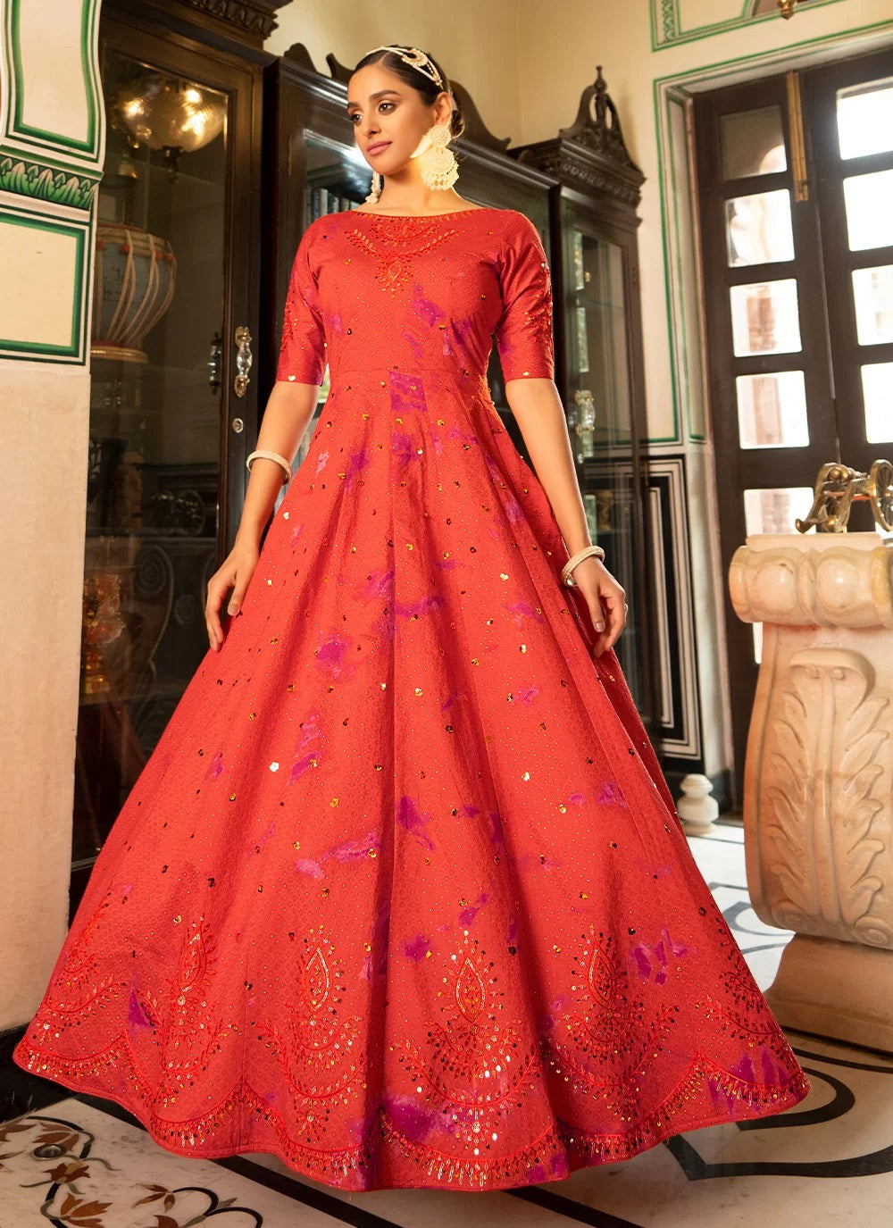 Orange Cotton Embroidered Long Gown