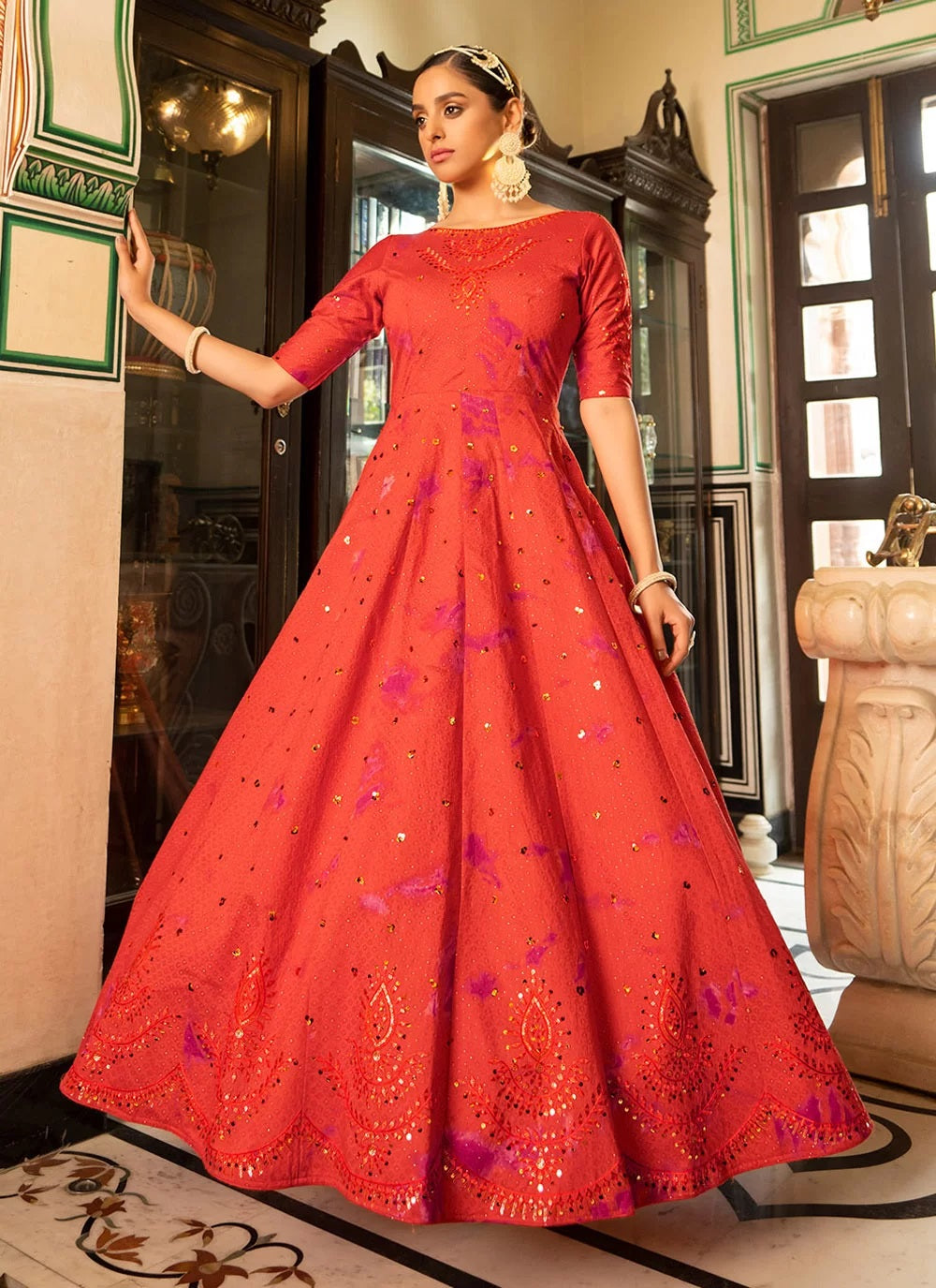 Orange Cotton Embroidered Long Gown