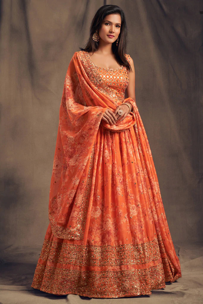 Orange Zari Embroidery Organza Occasional Wear Semi Stitched Lehenga