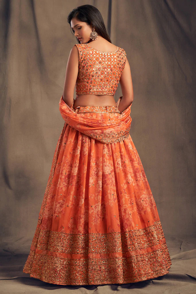 Orange Zari Embroidery Organza Occasional Wear Semi Stitched Lehenga