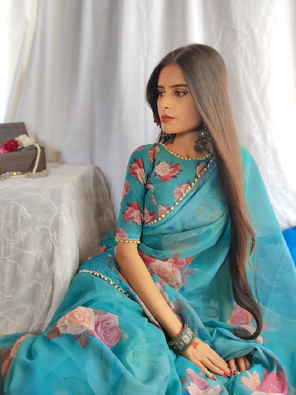 Green Color Printed With Pearl Lace Border Georgette Saree