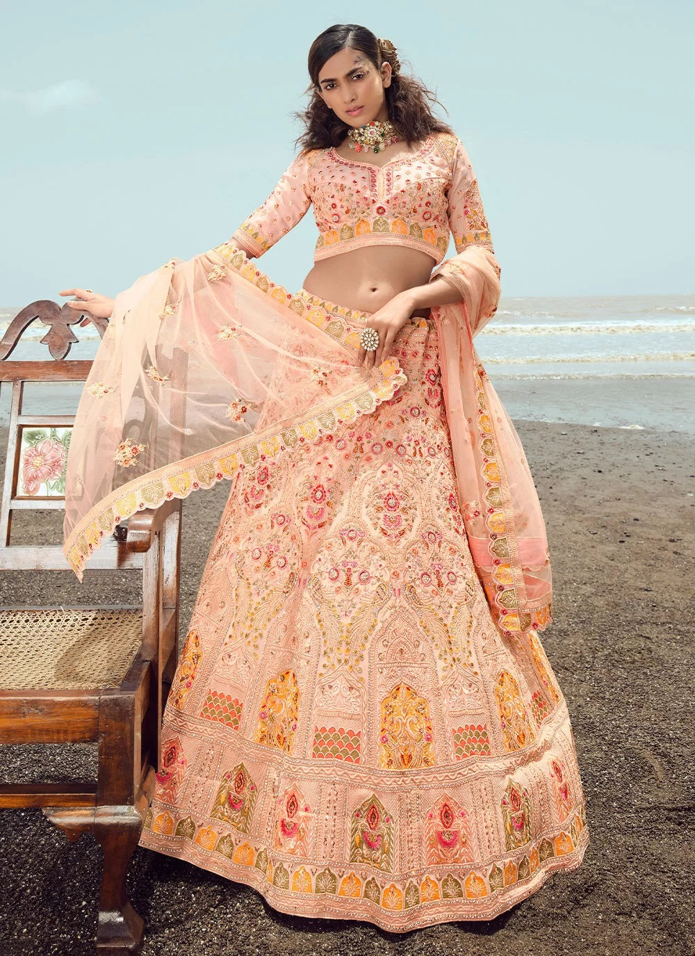 Peach Dori Work Bridal Lehenga Choli