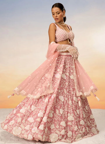 Rosegold Poly Georgette Engagement Lehenga with Heavy Zarkan and Moti