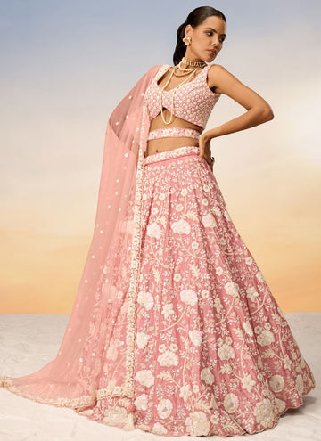 Rosegold Poly Georgette Engagement Lehenga with Heavy Zarkan and Moti