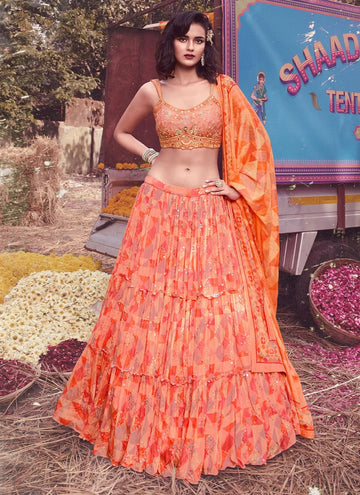 Peach Handwork Chinon Fancy Lehenga Choli