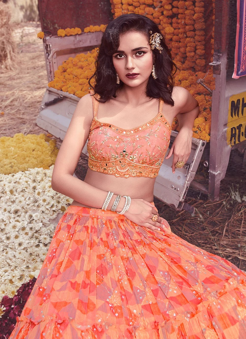 Peach Handwork Chinon Fancy Lehenga Choli