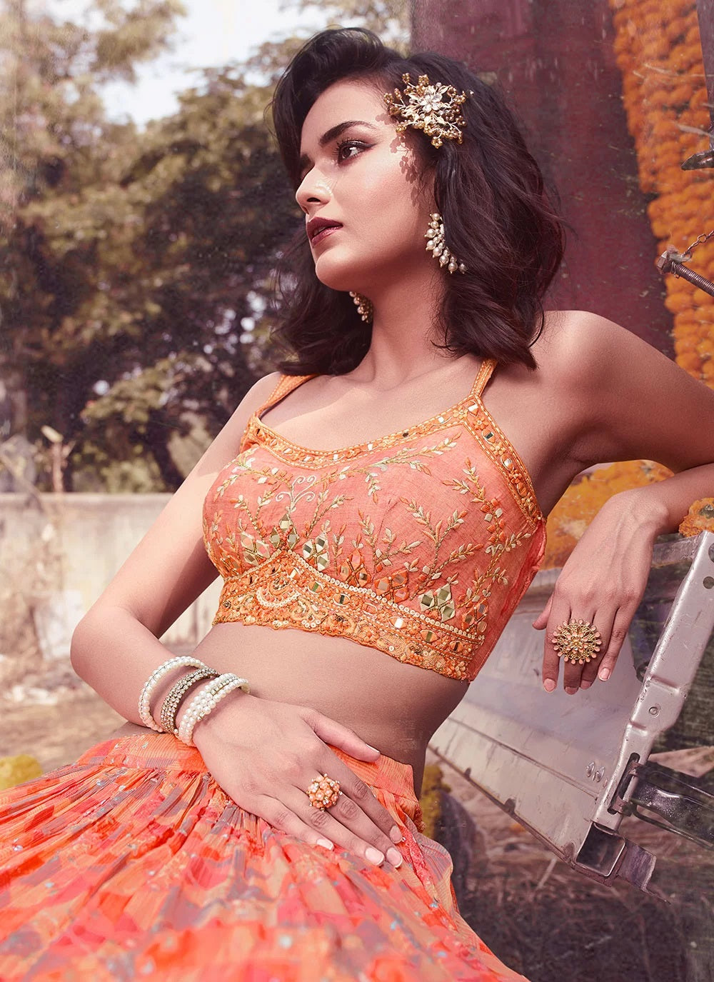 Peach Handwork Chinon Fancy Lehenga Choli