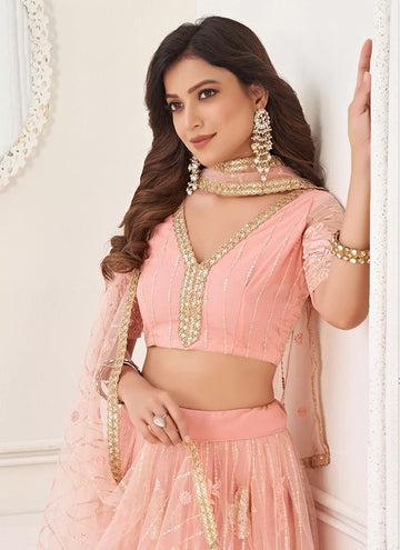 Peach Net Embroidered, Sequins And Thread Work Lehenga Choli