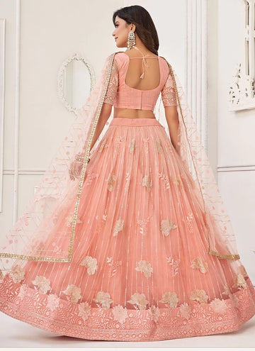 Peach Net Embroidered, Sequins And Thread Work Lehenga Choli