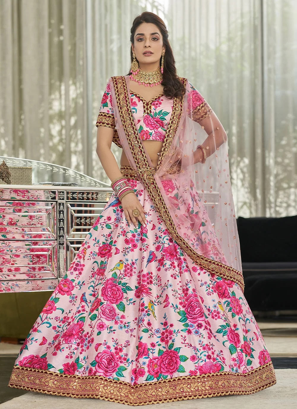 Pink Art Silk Printed A Line Lehenga Choli