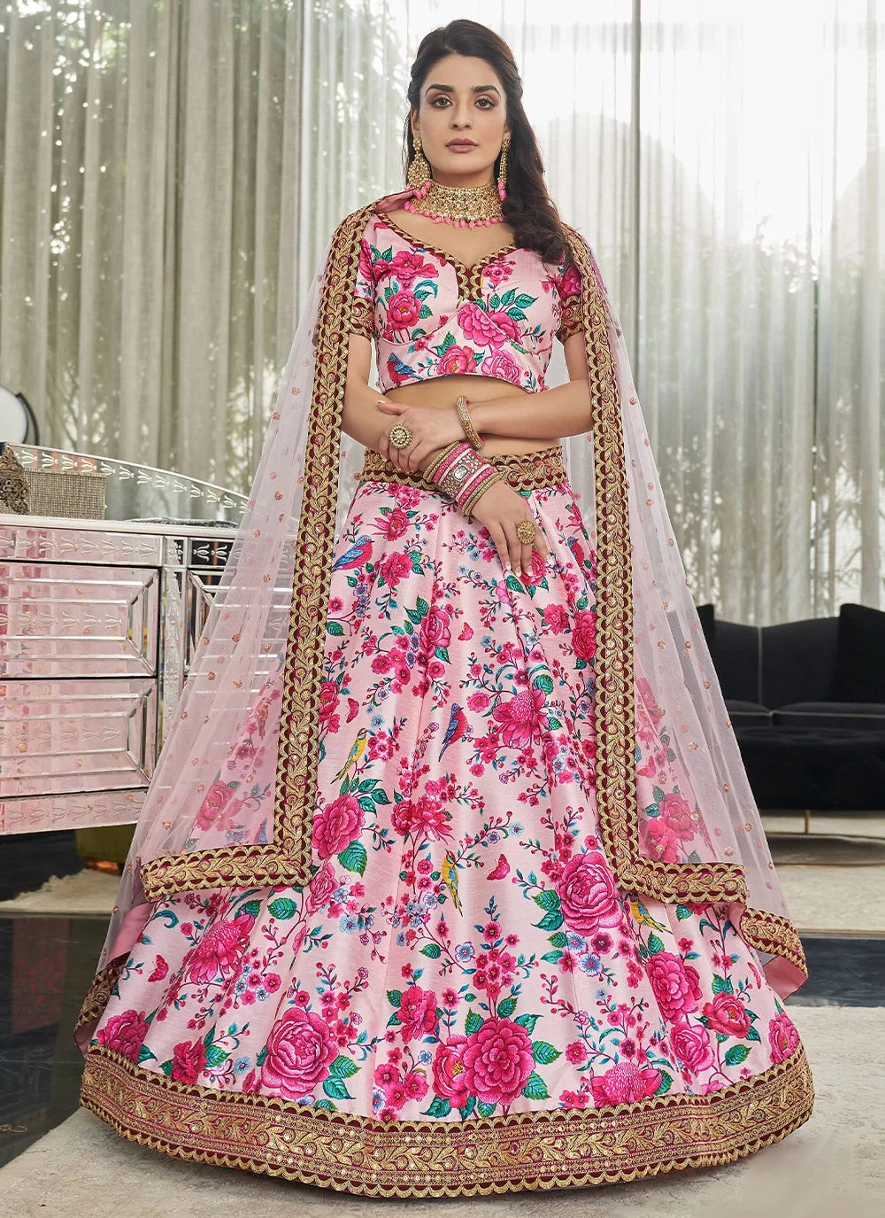 Pink Art Silk Printed A Line Lehenga Choli