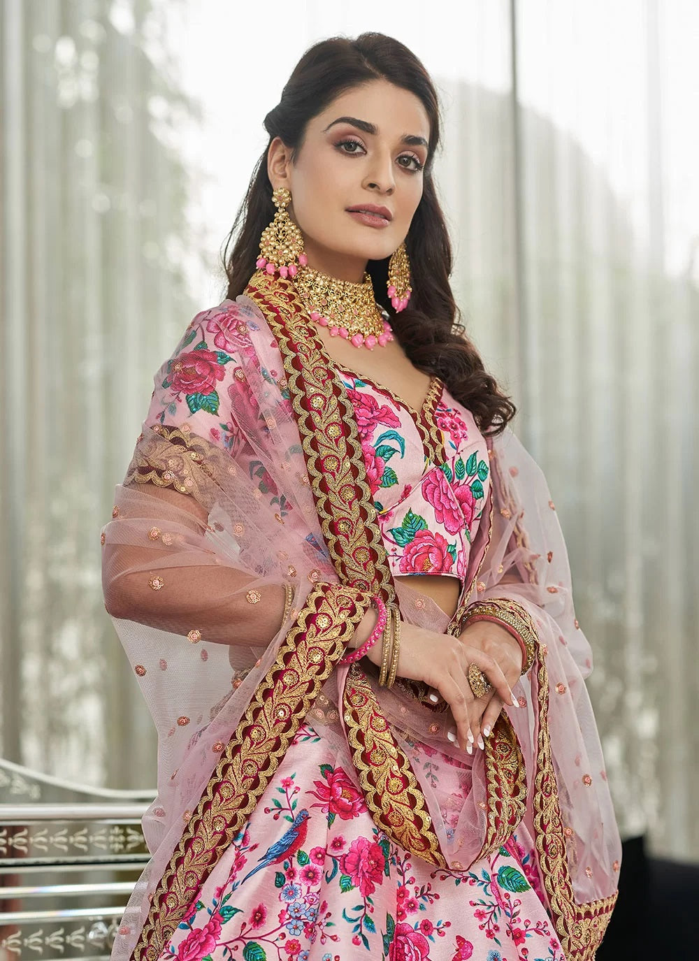 Pink Art Silk Printed A Line Lehenga Choli