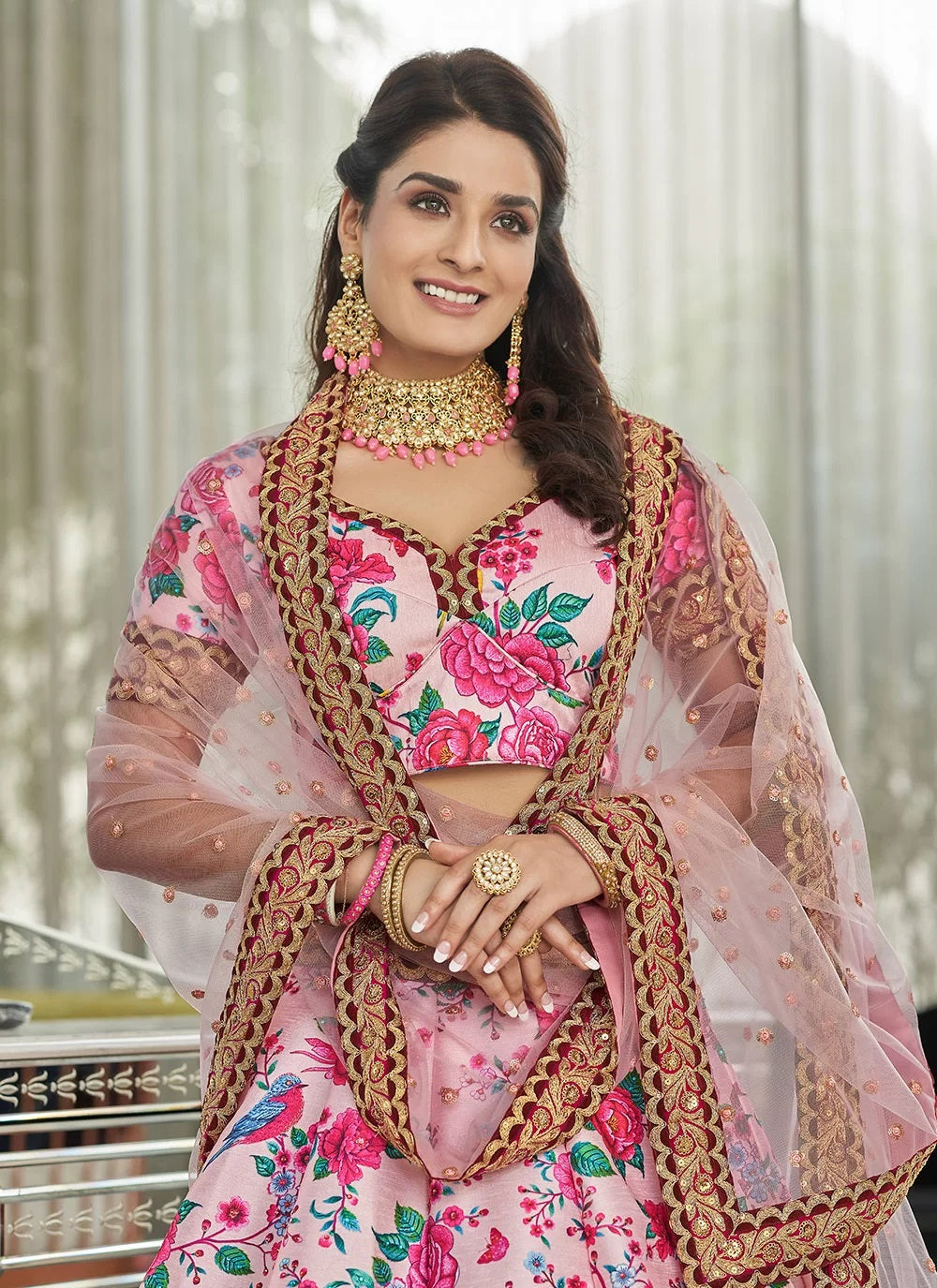 Pink Art Silk Printed A Line Lehenga Choli