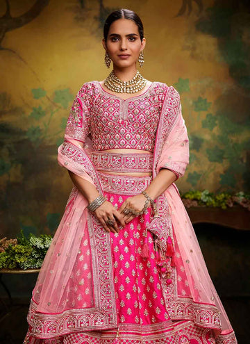 Pink Color Silk Stone Work Wedding Lehenga