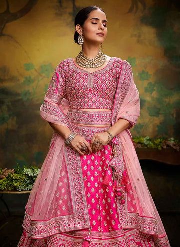 Pink Color Silk Stone Work Wedding Lehenga