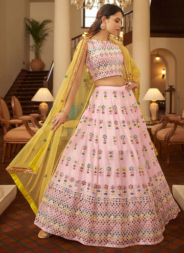 Pink Color Thread Embroidery And Gota Patti Work Heavy lehenga