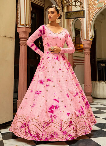 Pink Cotton Embroidered Floor Length Gown