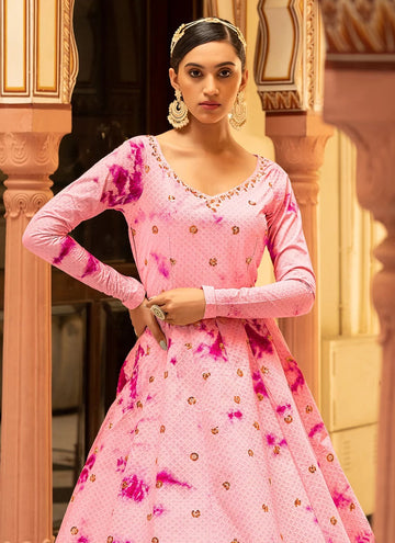 Pink Cotton Embroidered Floor Length Gown