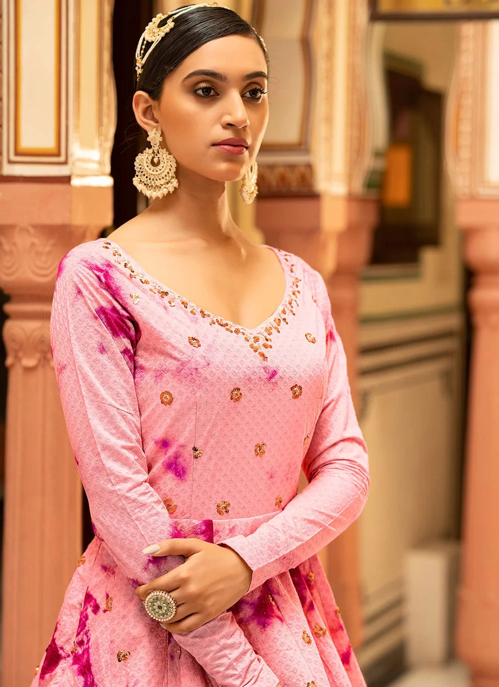 Pink Cotton Embroidered Floor Length Gown