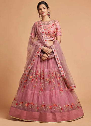 Pink Dori Work Net A Line Embroidered Lehenga Choli