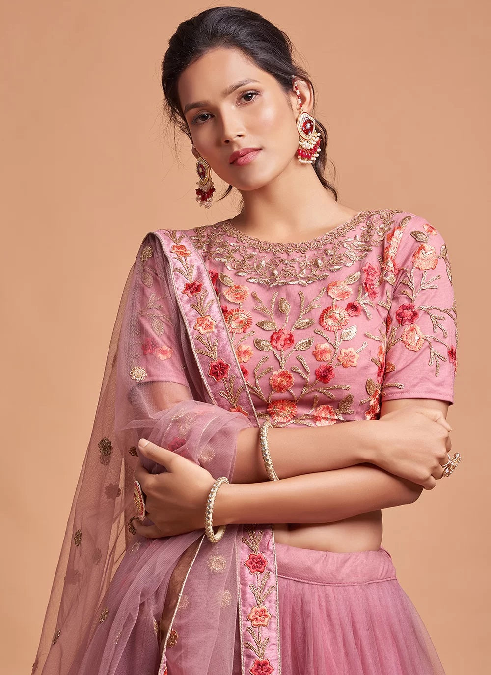 Pink Dori Work Net A Line Embroidered Lehenga Choli