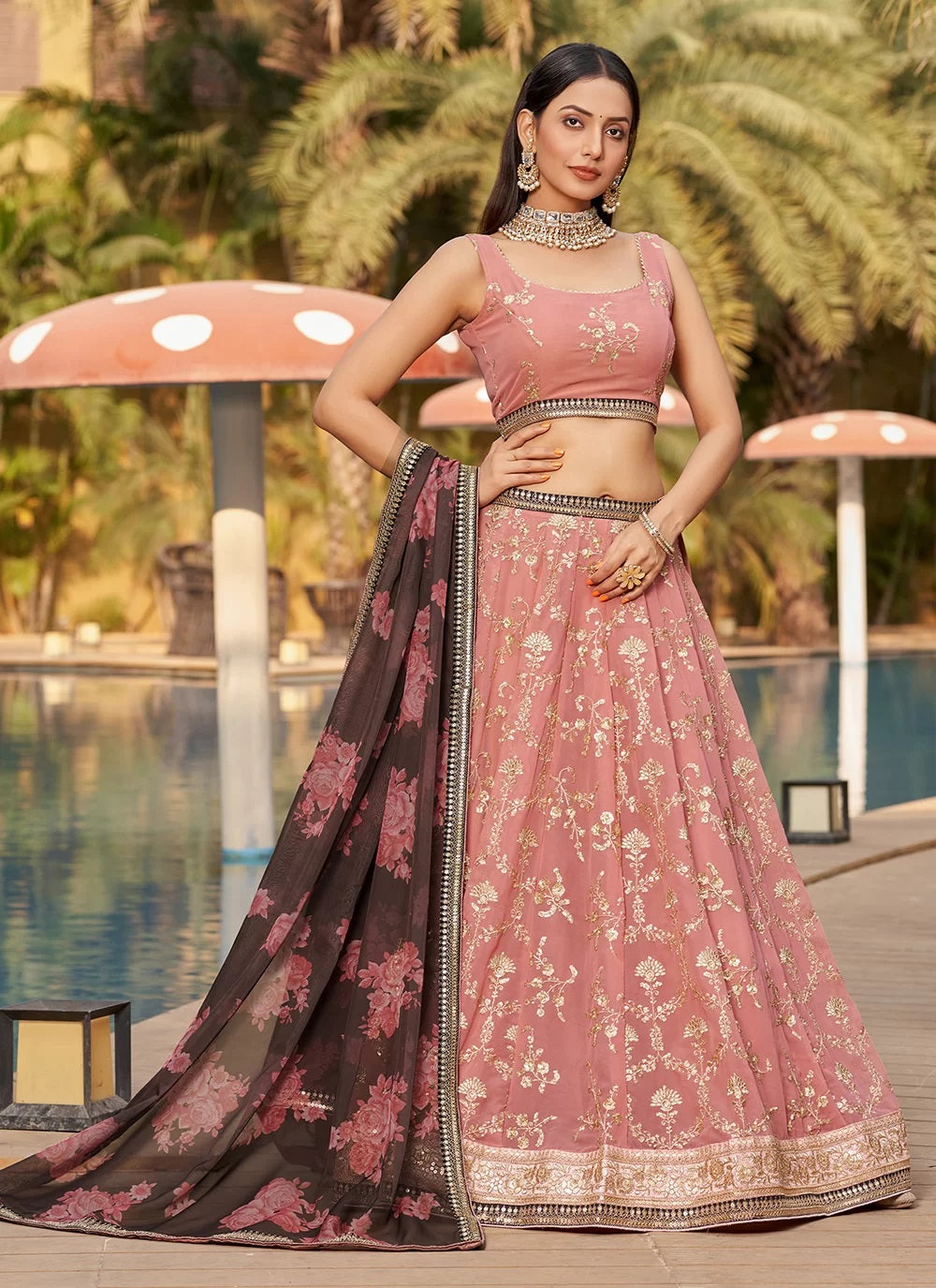 Pink Georgette Sequins and Digital Printed Ethnic Lehenga