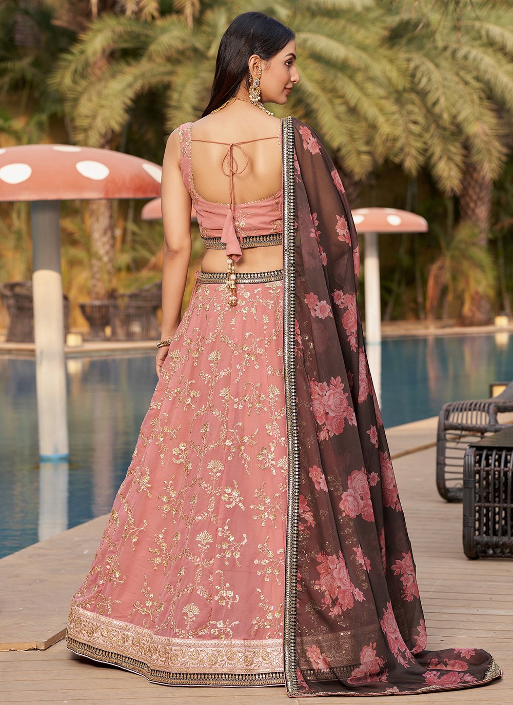 Pink Georgette Sequins and Digital Printed Ethnic Lehenga