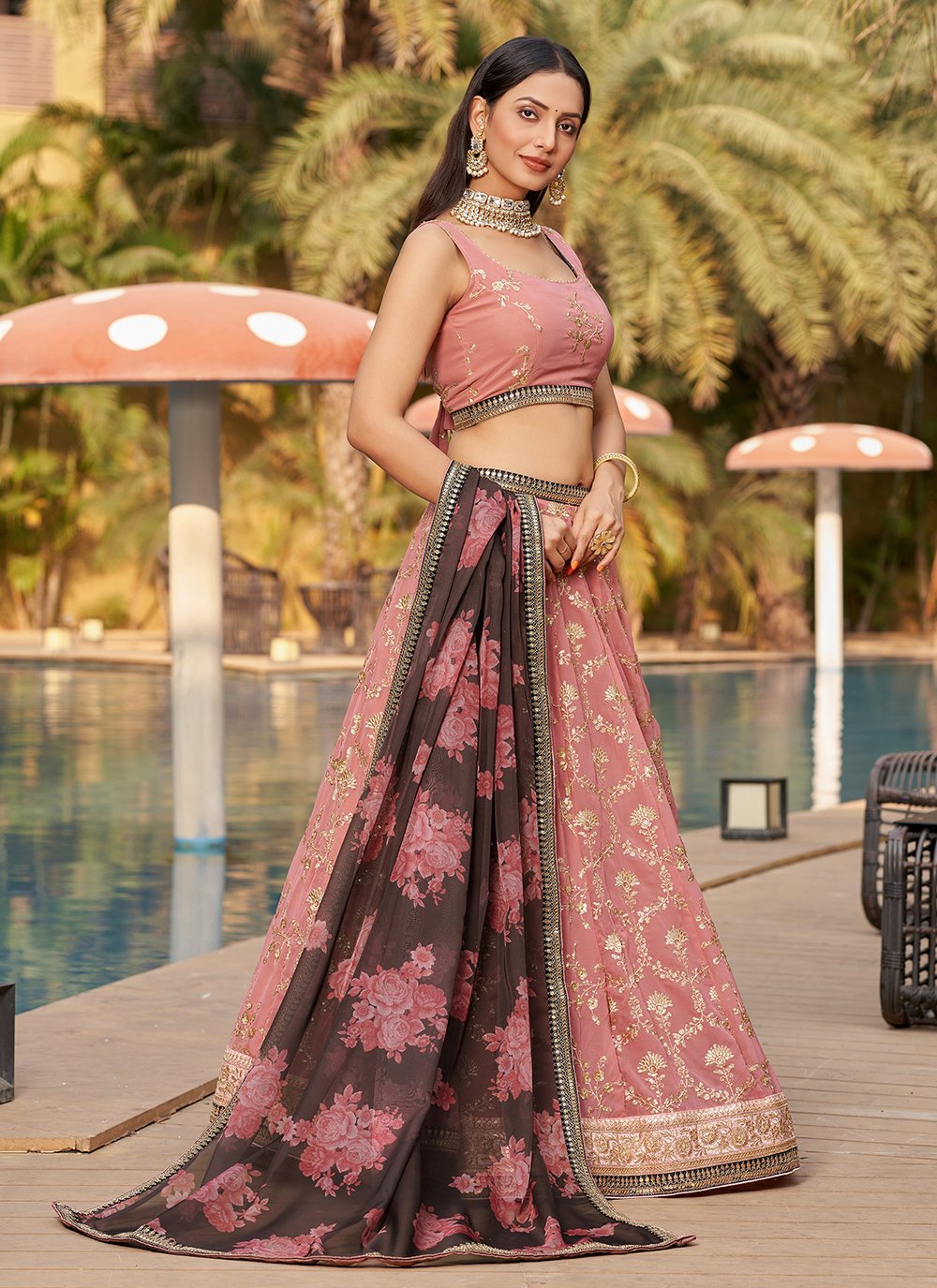 Pink Georgette Sequins and Digital Printed Ethnic Lehenga