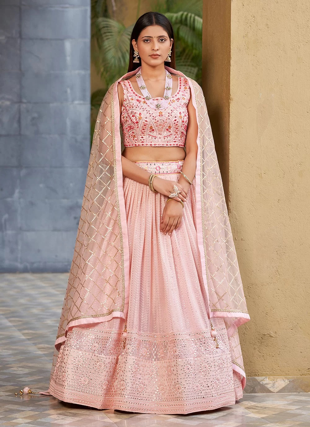 Pink Georgette Sequins and Digital Printed Indian Lehenga