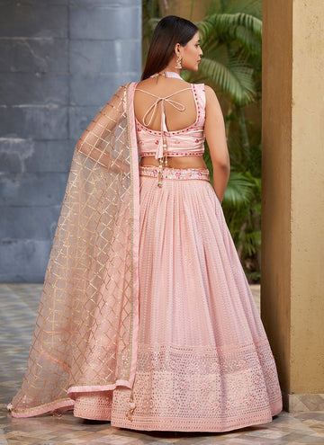 Pink Georgette Sequins and Digital Printed Indian Lehenga