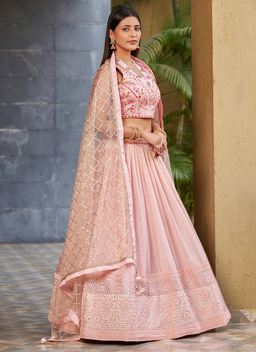 Pink Georgette Sequins and Digital Printed Indian Lehenga