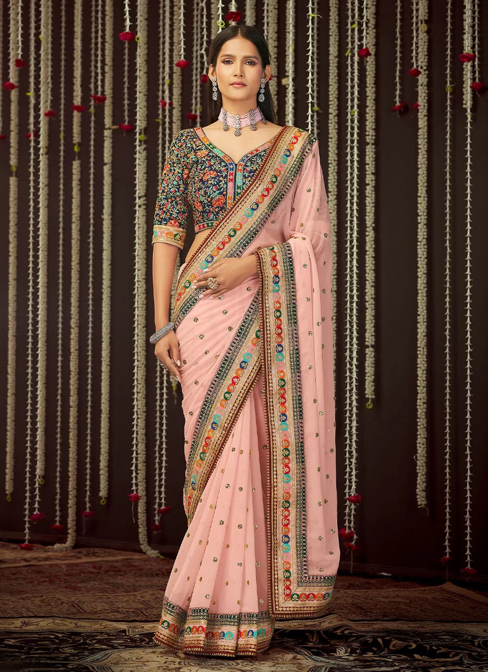 Pink Georgette Sequins Party Wear Saree