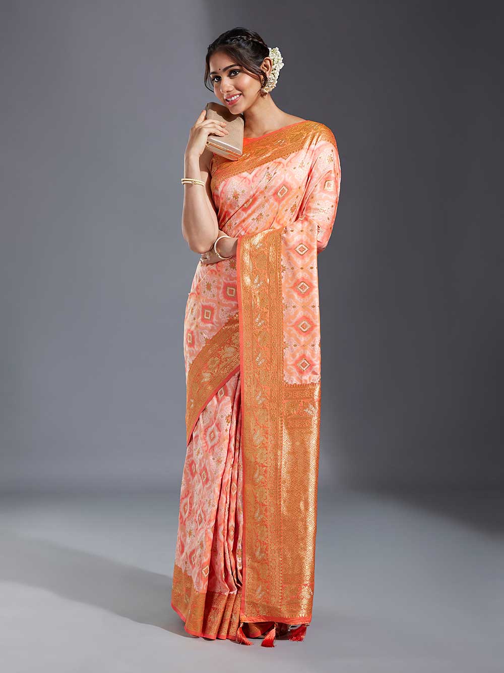 Pink & Golden Satin Paisley Zari Woven Banarasi Saree