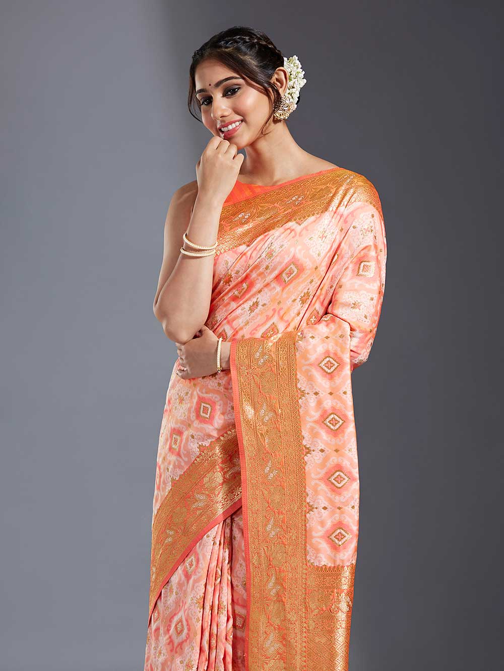 Pink & Golden Satin Paisley Zari Woven Banarasi Saree