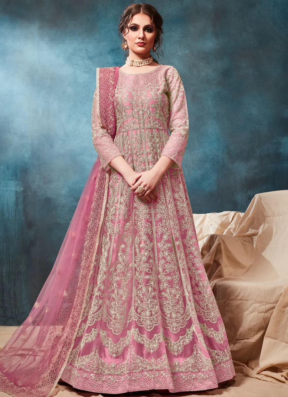 Pink Net Party Wear Anarkali Salwar Kameez