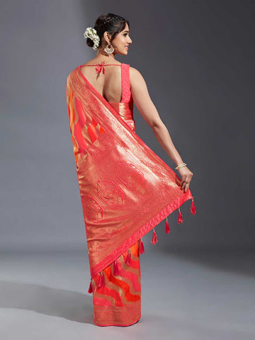 Pink-Orange & Golden Satin Paisley Zari Woven Banarasi Saree