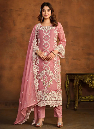 Pink Organza Embroidered Work Indian Salwar Suit