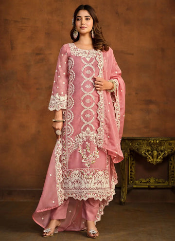 Pink Organza Embroidered Work Indian Salwar Suit